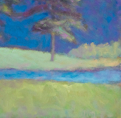 A close up detail of the creek splitting the foreground and background from Ken Elliott's painting, At the Creek's Edge. 