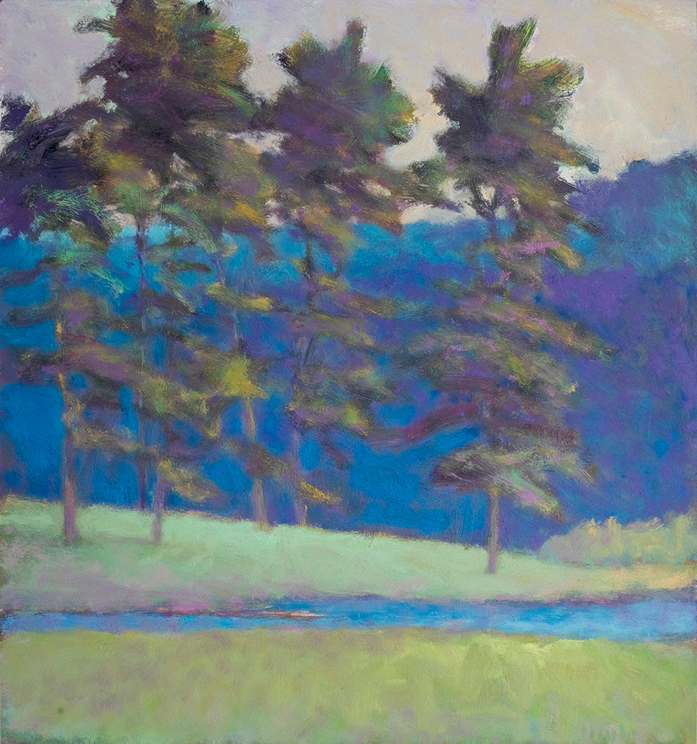 A painted scene of a group of trees in a meadow with a small creek in the foreground. 