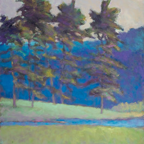 A painted scene of a group of trees in a meadow with a small creek in the foreground. 
