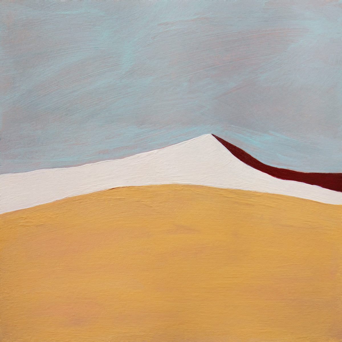A dark yellow, white, dark red and slate blue abstract landscape print by Alina B.
