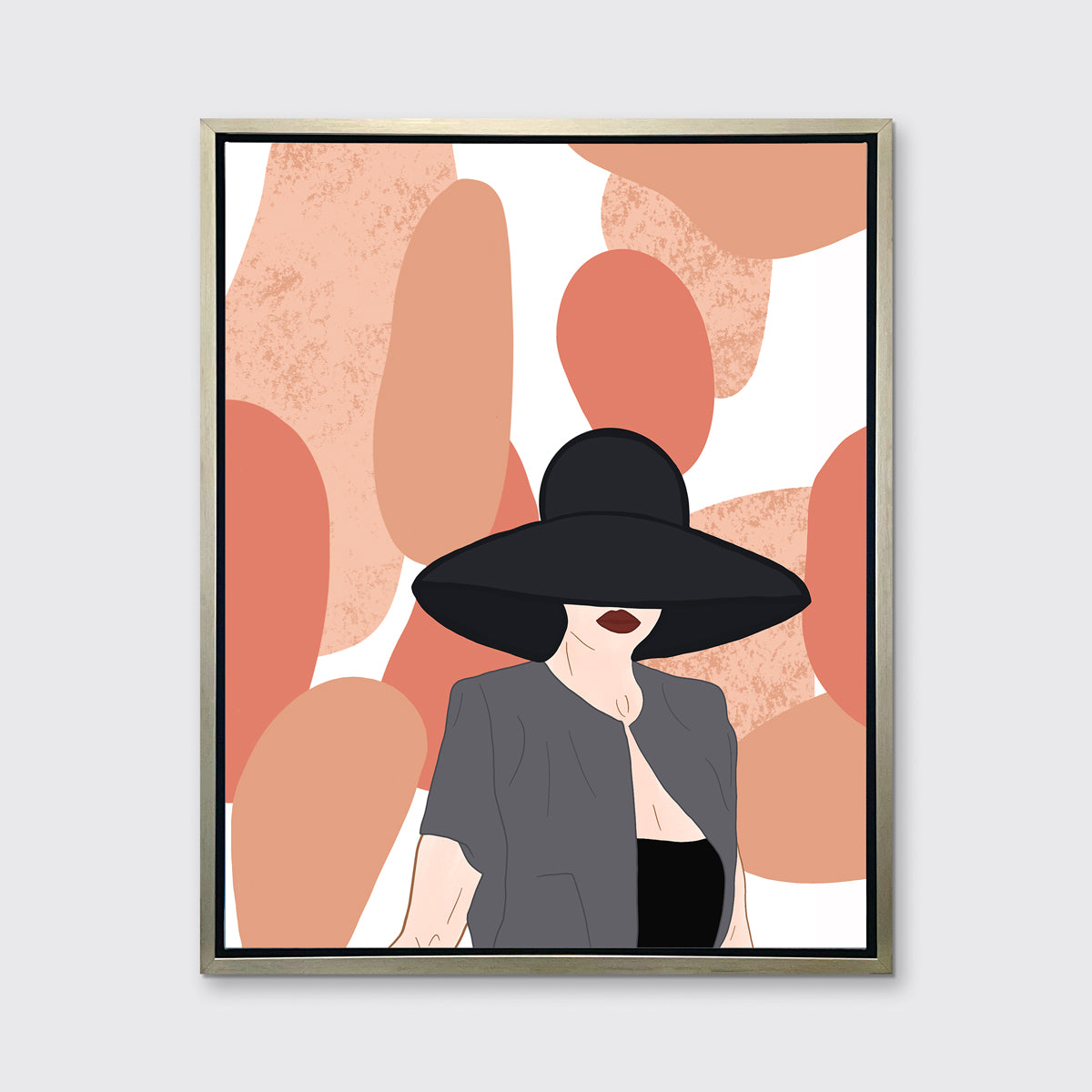 Pop art print of a woman and shapes behind her hangs in a silver floater frame on a white wall.