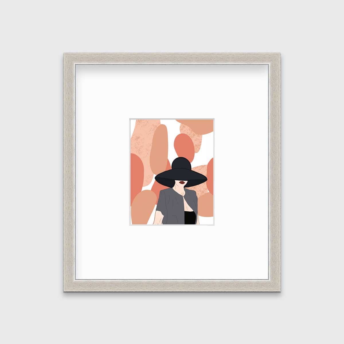 Pop art print of a woman hangs on a white wall in a silver frame with a mat.