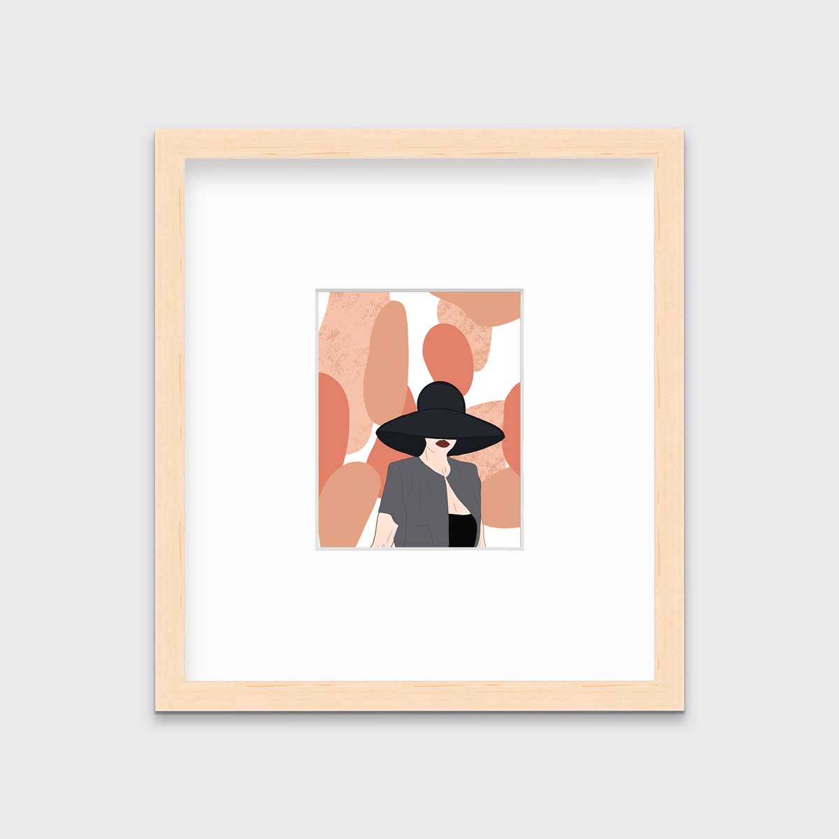 Pop art print of a woman hangs on a white wall in a natural wood frame with a mat.