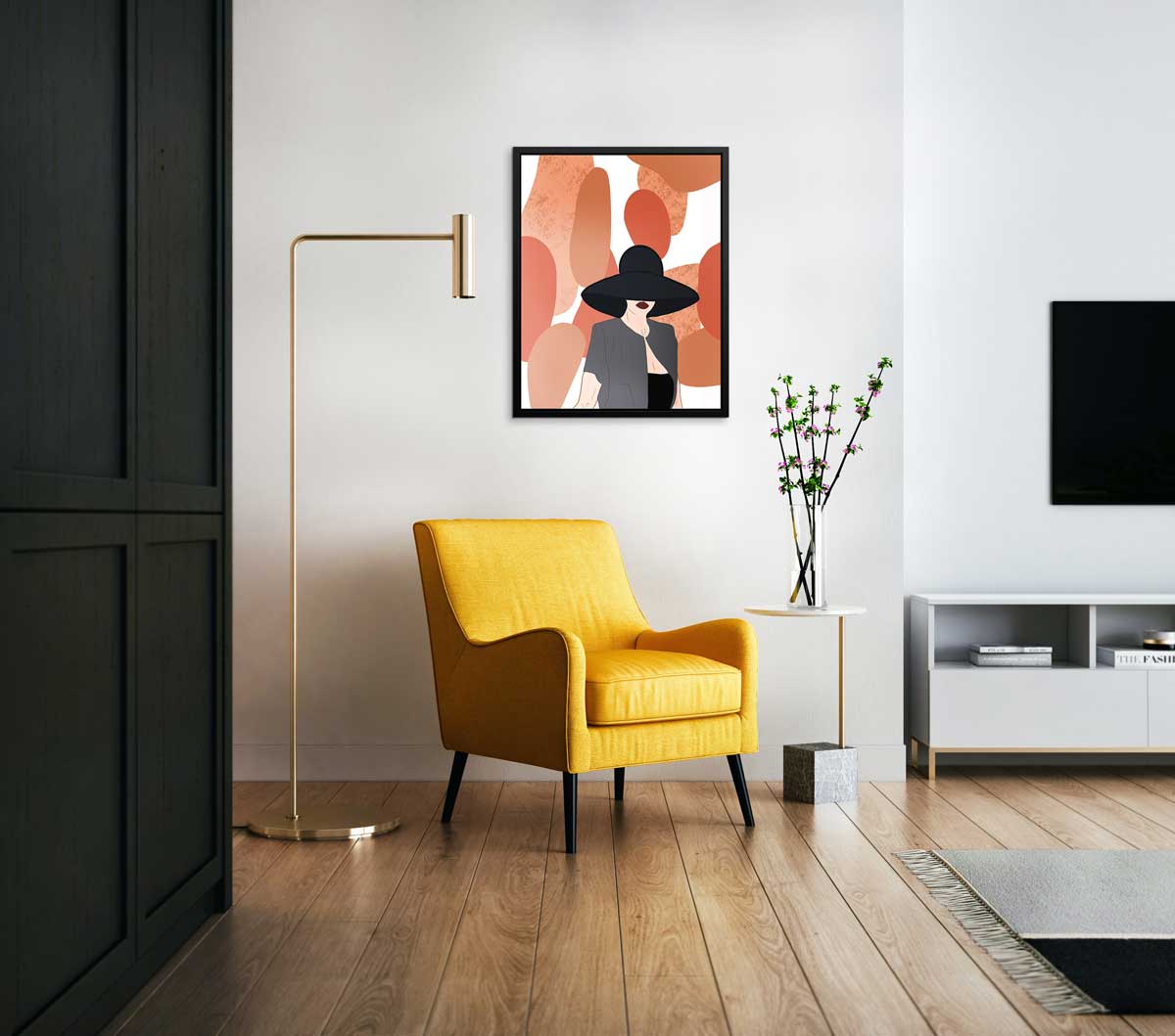 Pop art print of a woman hangs in a black floater frame above a yellow chair, a modern side table with a vase and large gold floor lamp.