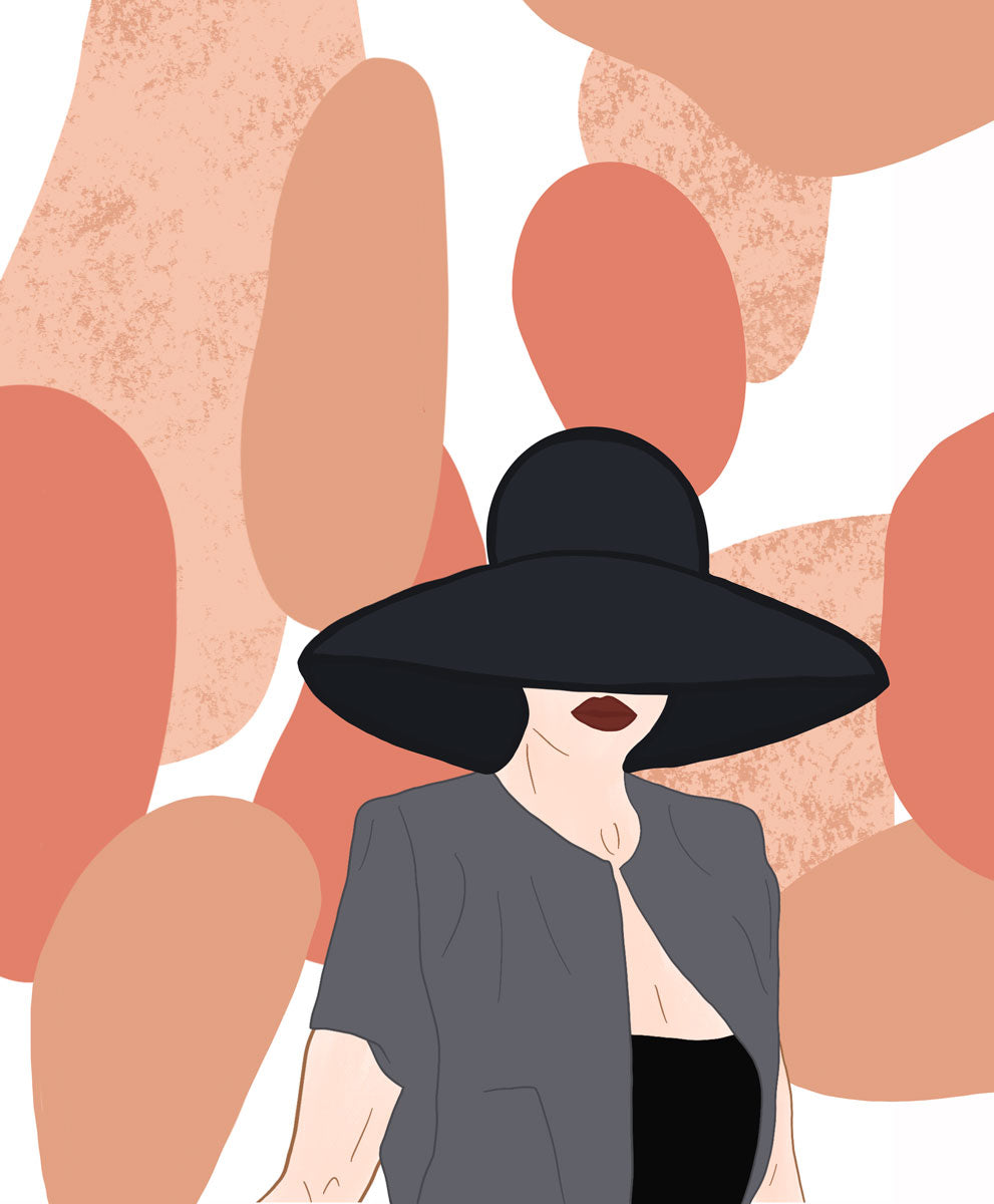 Pop art print of a woman wearing a grey shirt over a black tank top and a giant black hat obscuring her face other than her dark red lips. Salmon and tan oblong shapes are placed behind her.