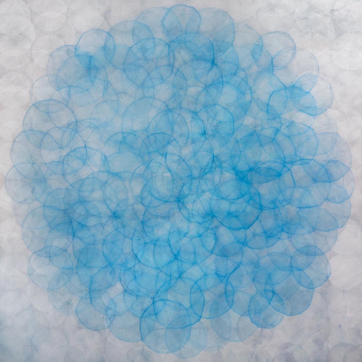 A silver and blue abstract geometric print by Roger Mudre.