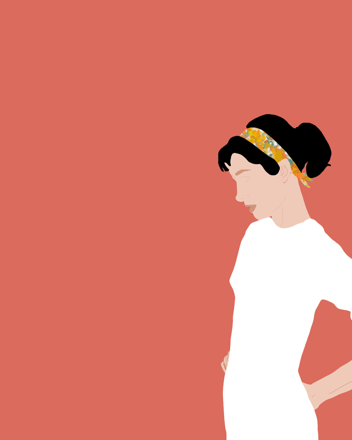 A digital drawing of a woman wearing a white dress and yellow headband at the bottom right corner with a flat pink background. 