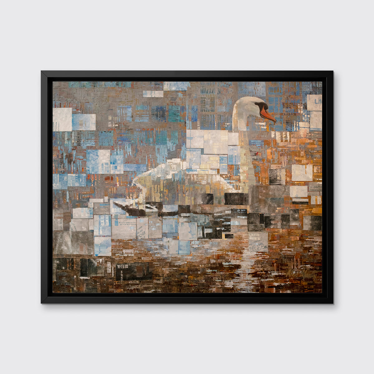 A grey, white and burnt orange abstract geometric print of a swan in a black floater frame hangs on a white wall.