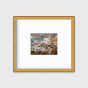 A grey, white and burnt orange abstract geometric print of a swan in a gold frame with a mat hangs on a white wall.