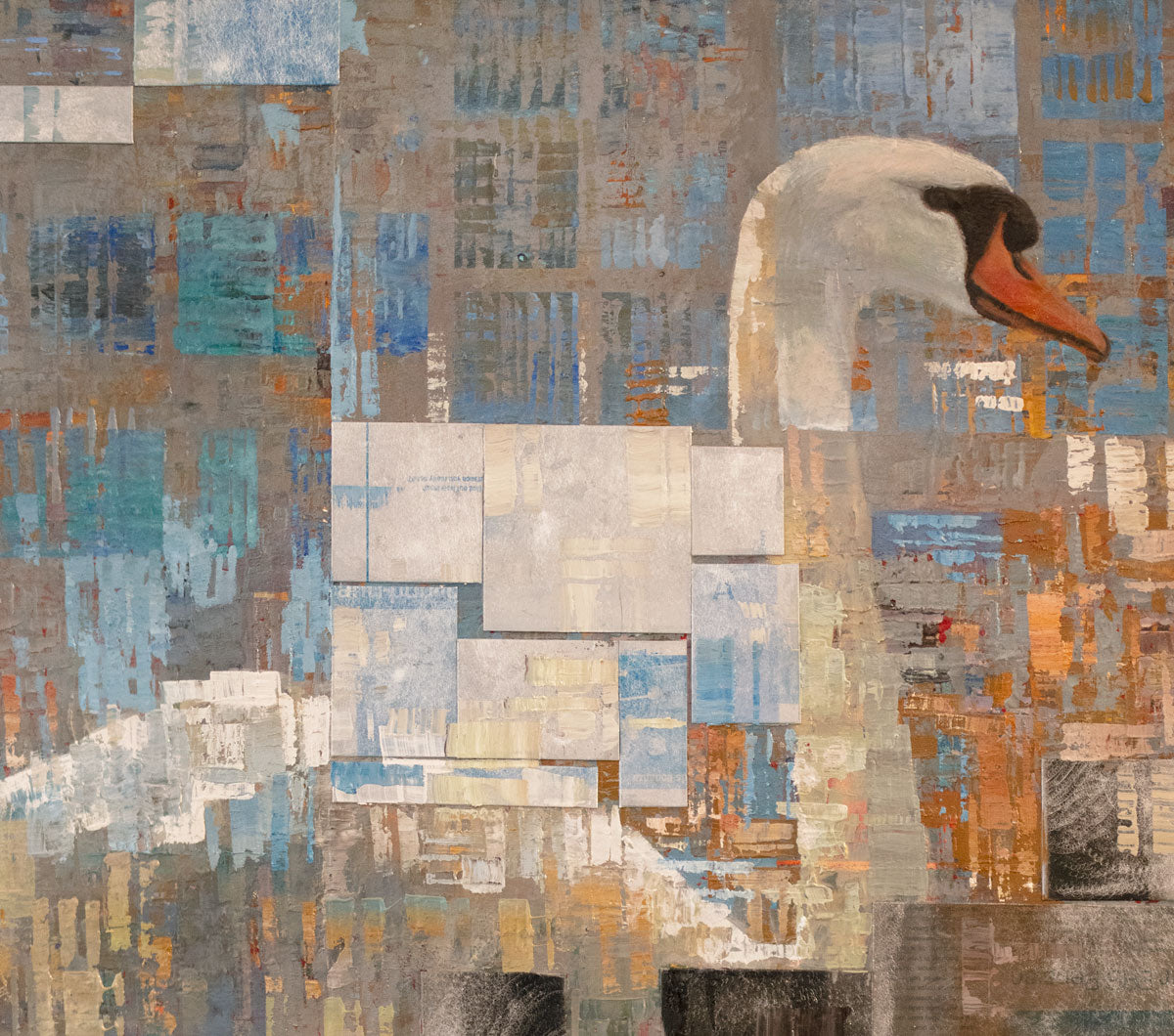 A close up view of the head of the swan, surrounded by geometric squares.