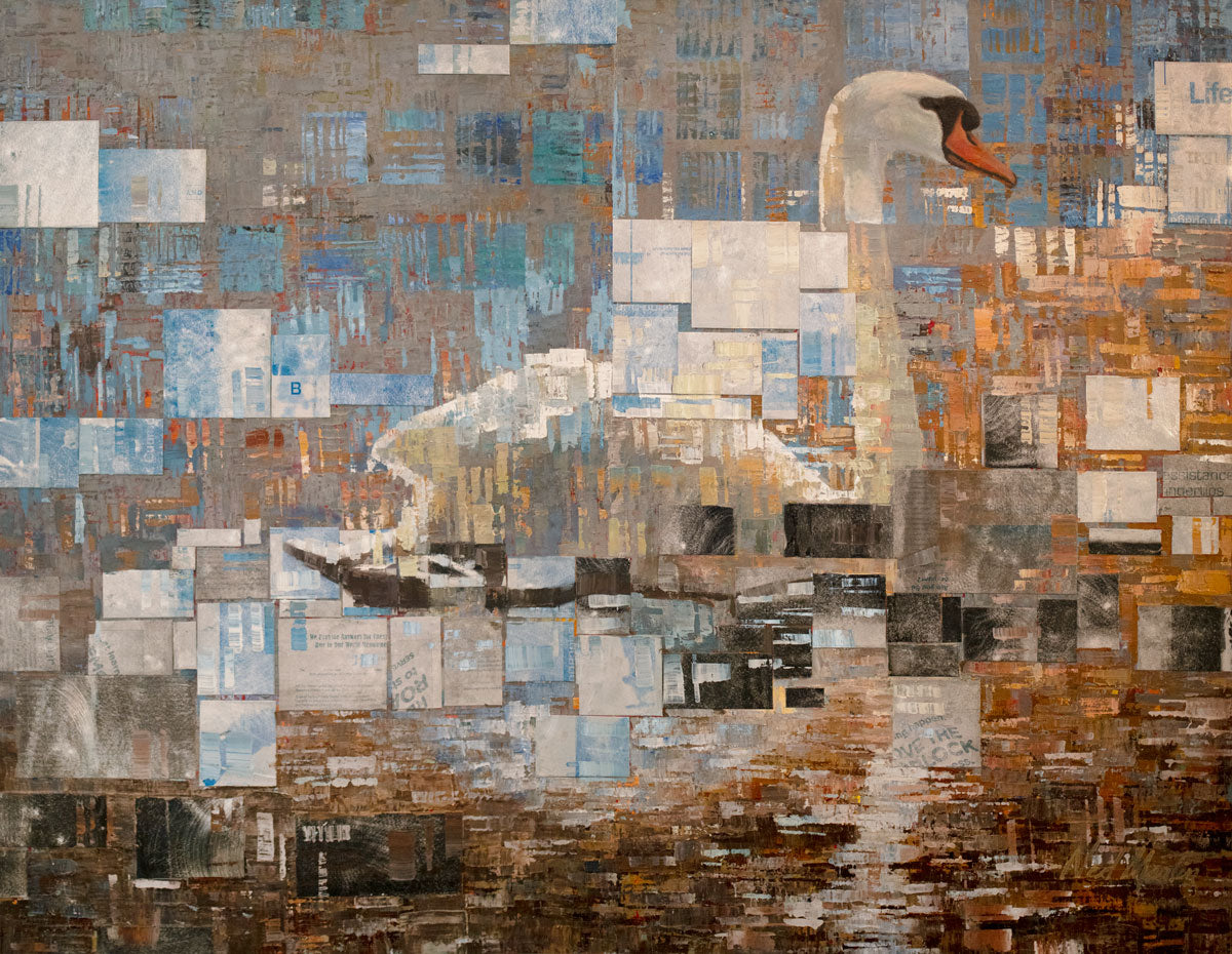 A white, dark orange and brown geometric abstract swan print by Ned Martin with black and blue accents.