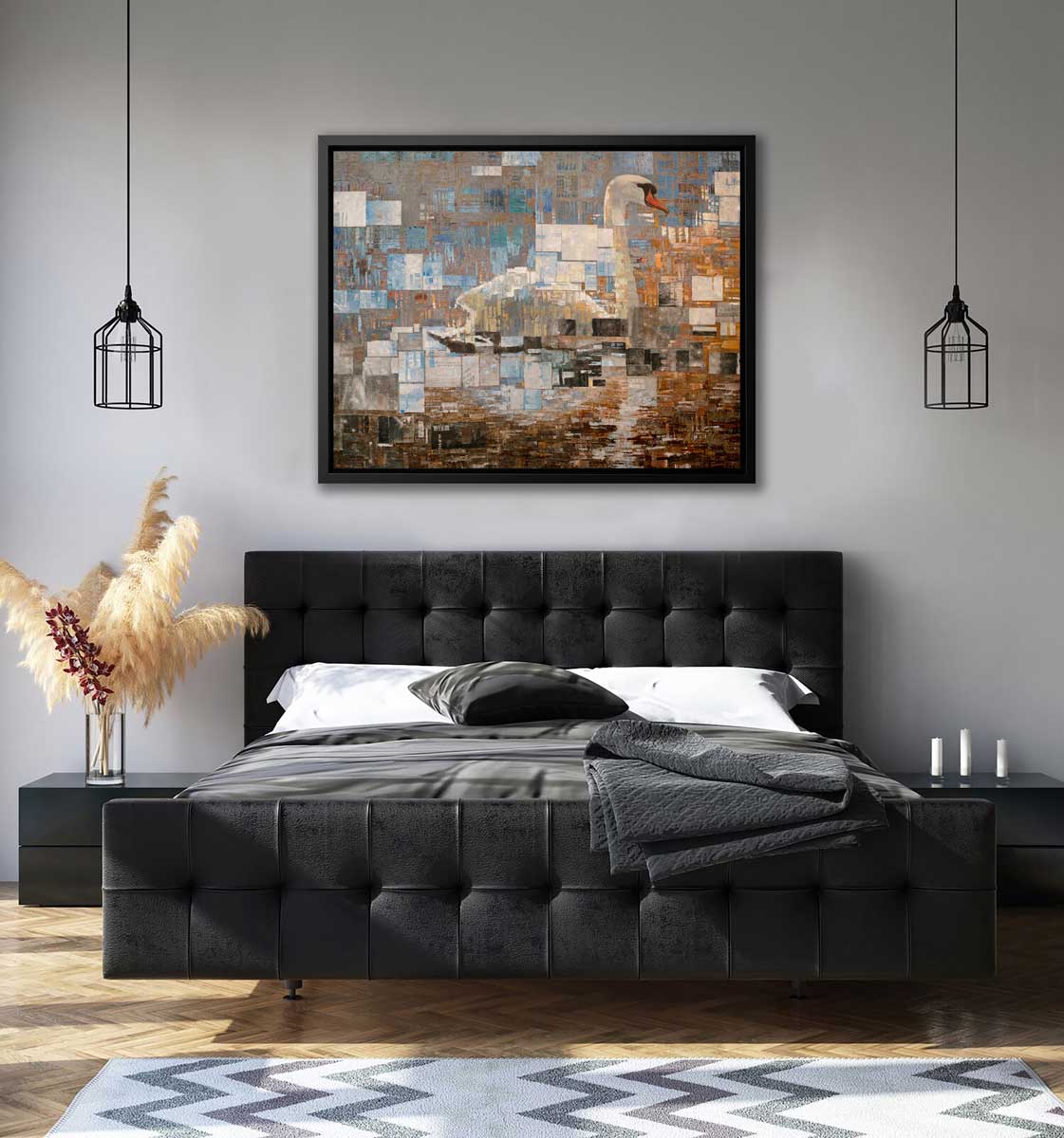 A grey, white and burnt orange abstract geometric print of a swan in a black floater frame hangs on a grey wall above a bed with a black tufted headboard and footboard, charcoal bedding with white pillows and black side tables.