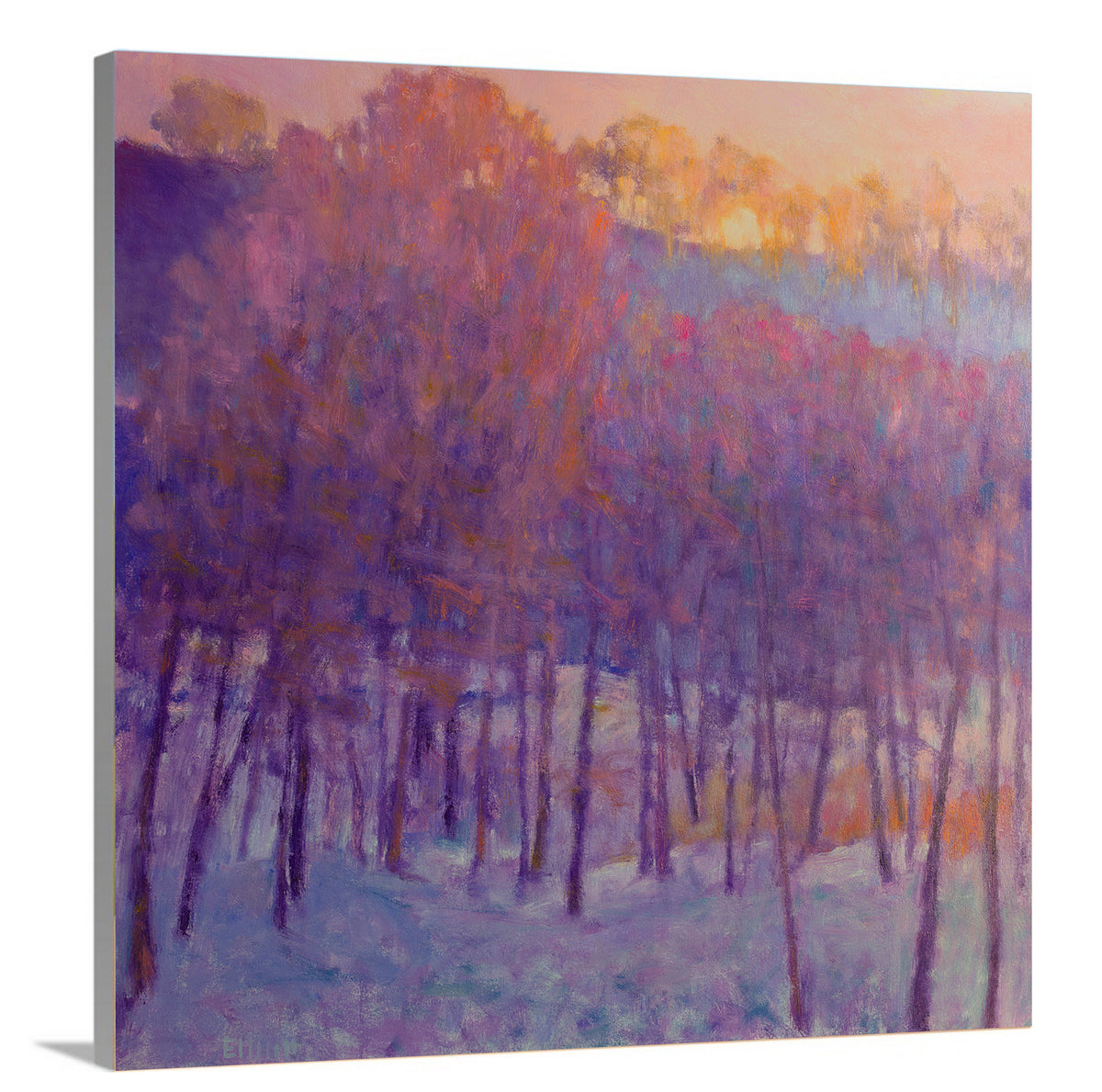A side-angle view of a pink and purple abstract tree landscape by Ken Elliott on canvas.