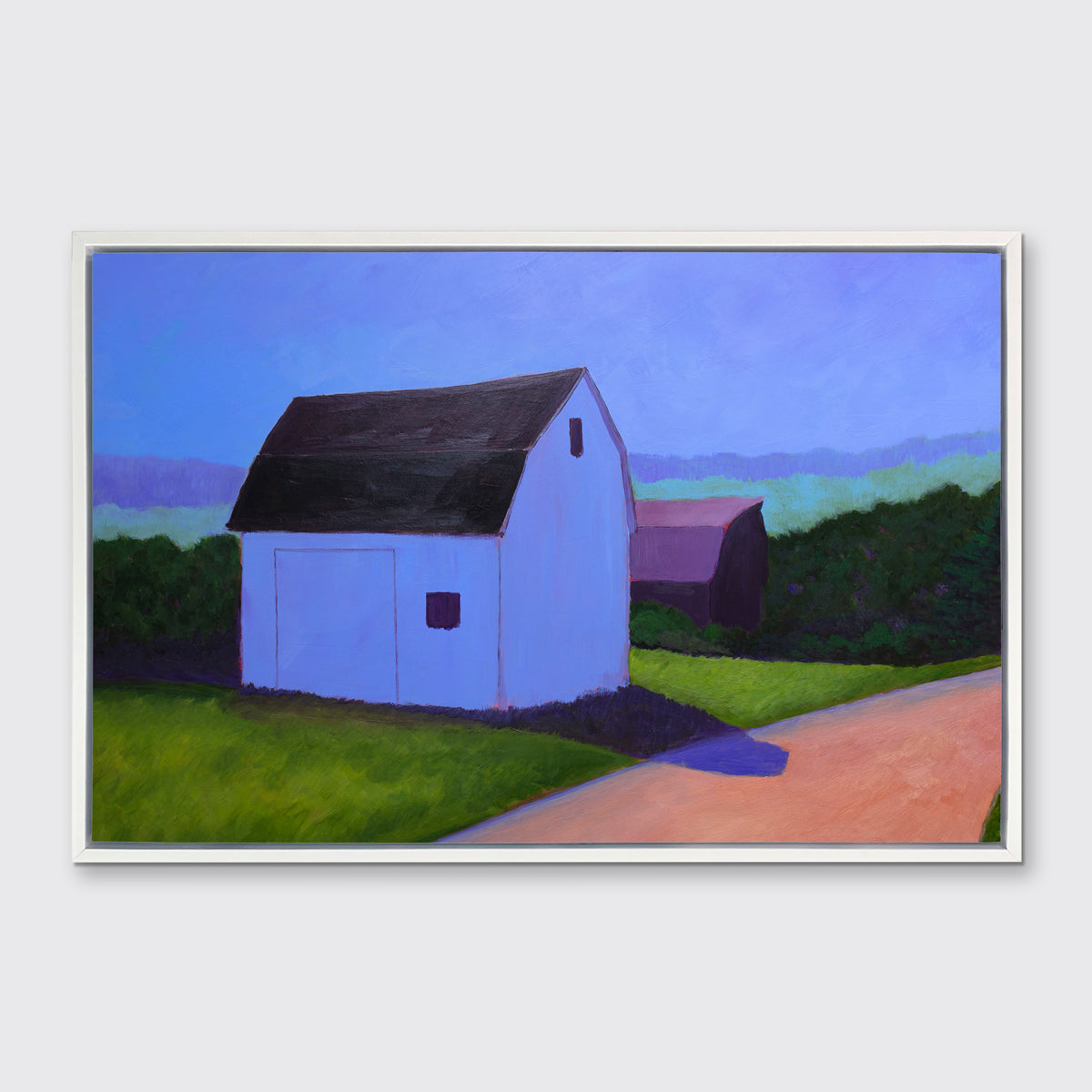 A blue, green and peach contemporary barn print in white floater frame hangs on a white wall.
