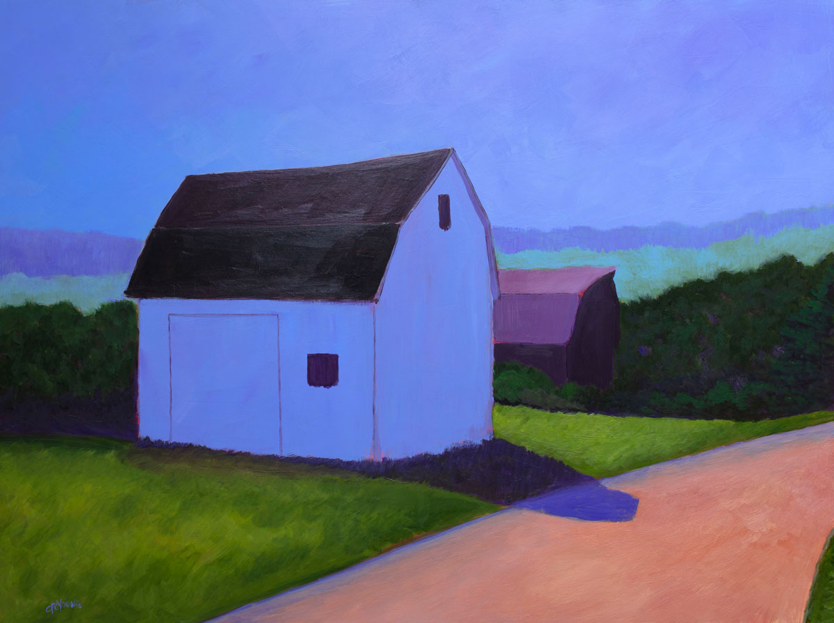 Fine art print of two purplish barns, surrounded by green grass, a light rose colored road and blue sky.