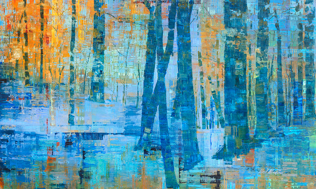 A blue, green and orange abstract tree landscape print with lavender and yellow accents.