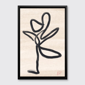 A black minimalistic art print framed in a black floater frame hangs on a light grey wall. 