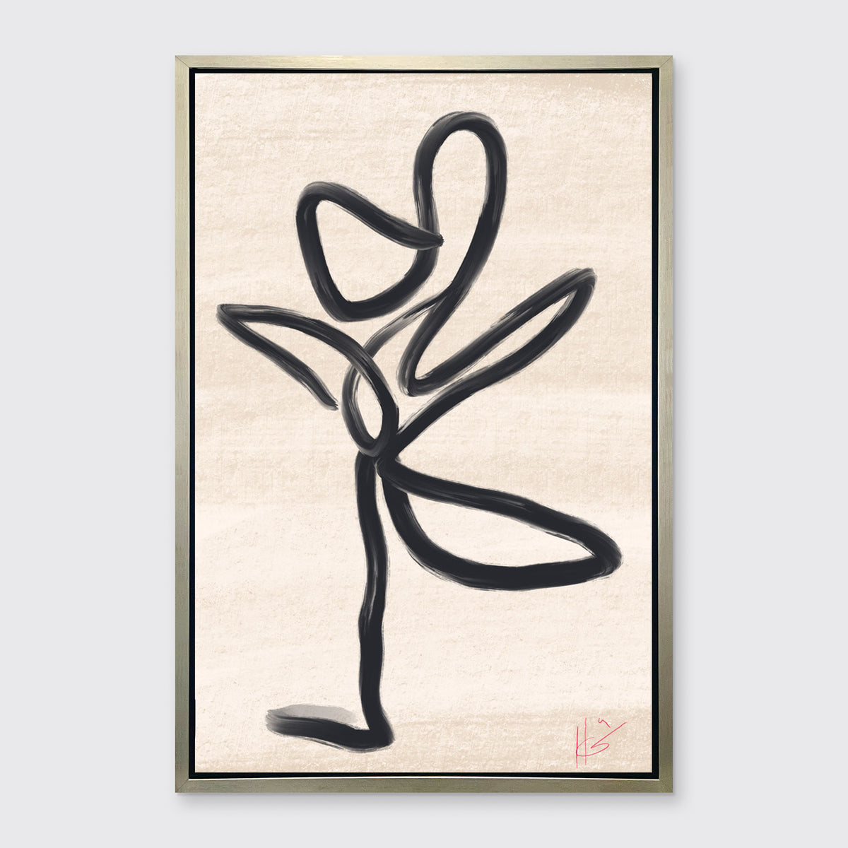 A black abstract minimalistic art print in a warm silver floater frame hangs on a light grey wall. 