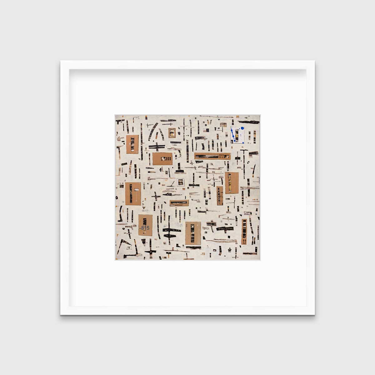 A brown and black abstract print in a white frame with a mat hangs on a white wall.