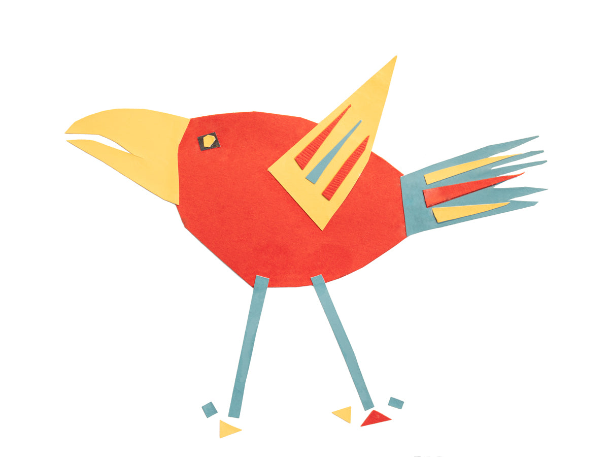 A red bird with a yellow beak and wing, a blue tail and blue legs.