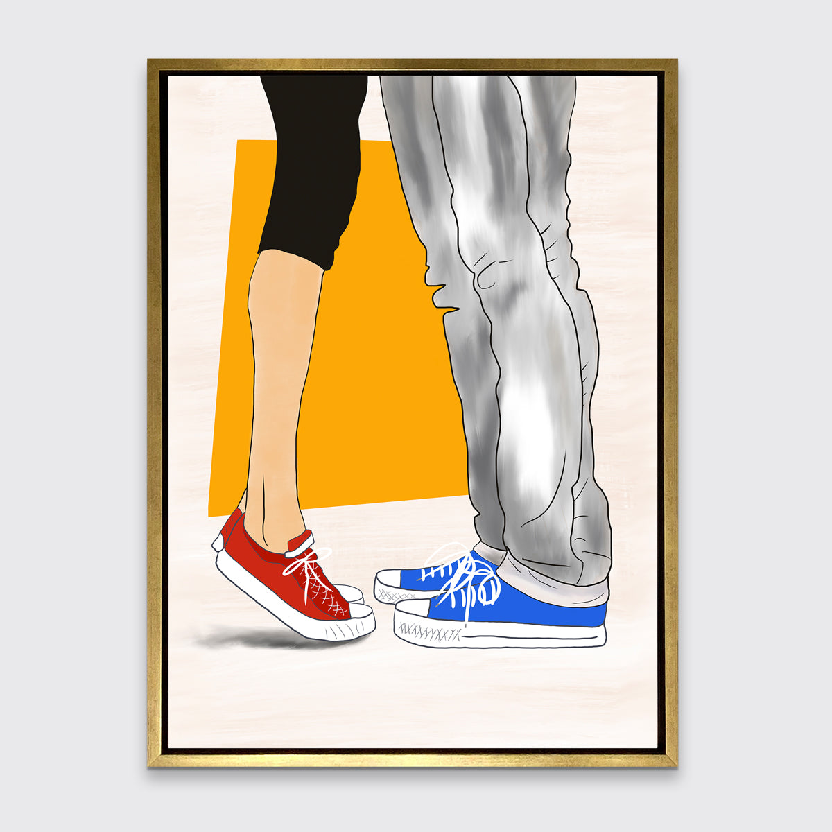 Art print with man and woman wearing Converse sneakers, framed in a gold floater frame and hanging on a grey wall.