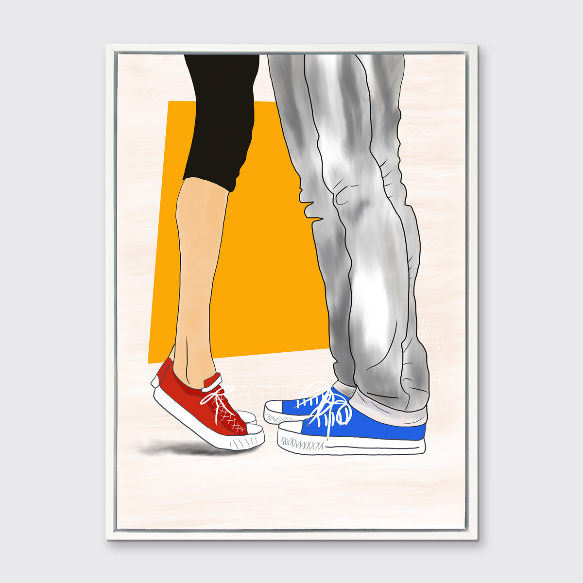 Art print with man and woman wearing Converse sneakers, framed in a white floater frame and hanging on a grey wall.