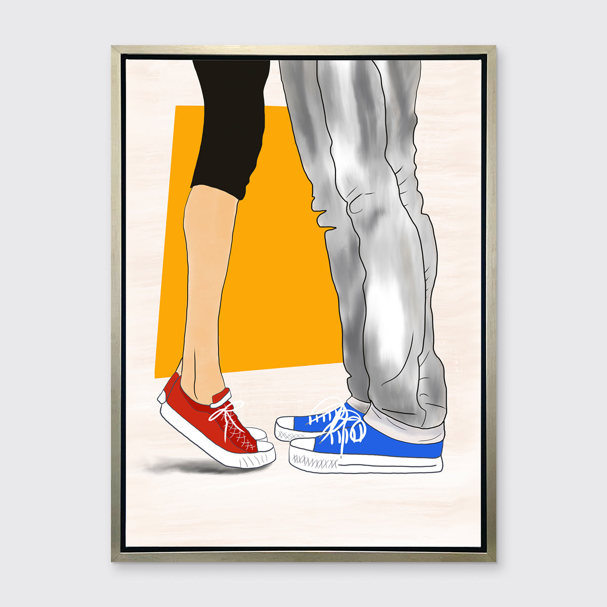 Art print with man and woman wearing Converse sneakers, framed in a Silver floater frame and hanging on a grey wall.