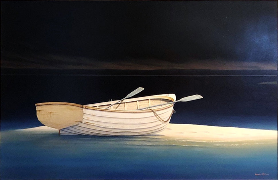 Painting of a rowboat stuck on a sandbank.  The sky is dark as the last bit of evening sun sets on the horizon the image is lit by and unknown source coming from the right side of the image. The water closest to the light source glows a light blue.   