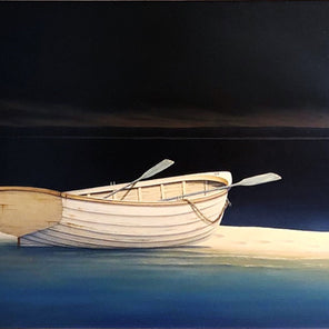 Painting of a rowboat stuck on a sandbank.  The sky is dark as the last bit of evening sun sets on the horizon the image is lit by and unknown source coming from the right side of the image. The water closest to the light source glows a light blue.   