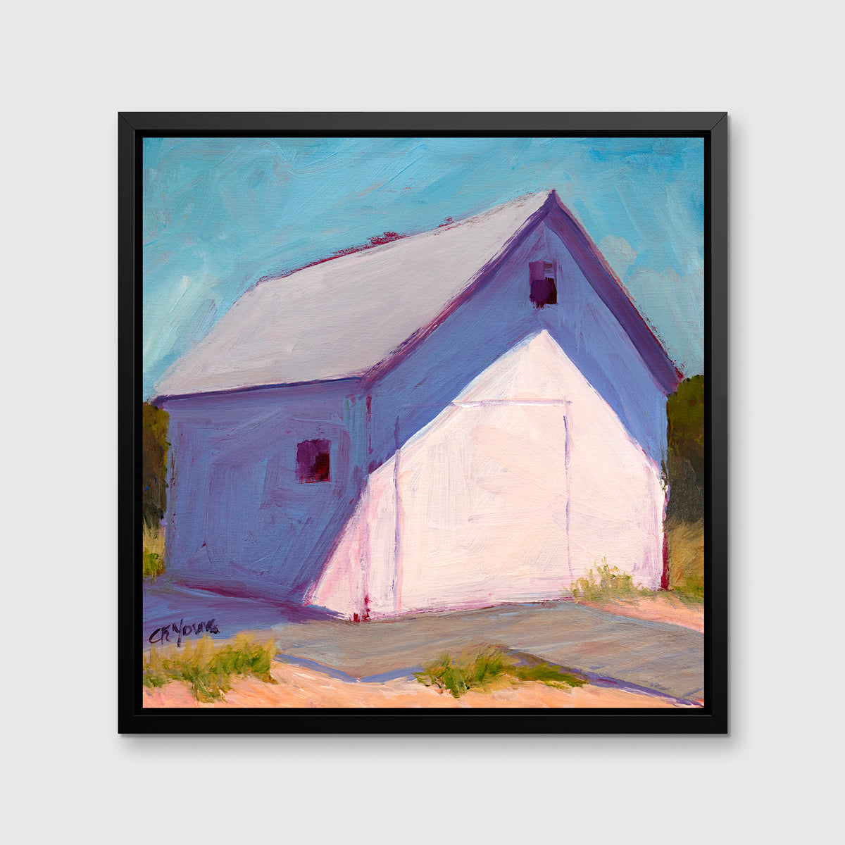 A blue, white and lavender contemporary barn print in a black floater frame hangs on a white wall.