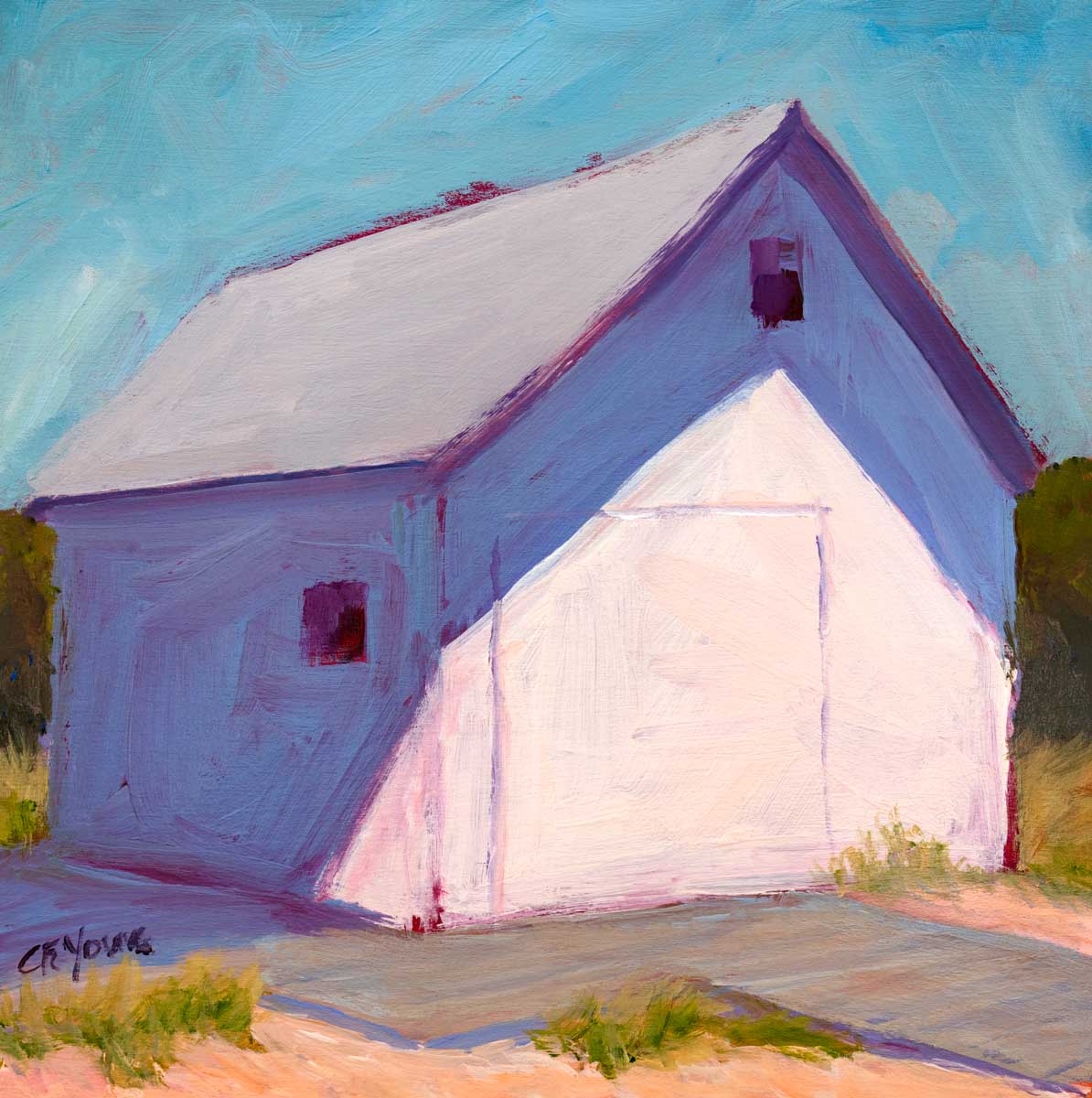A blue, white and lavender contemporary barn print by Carol Young.