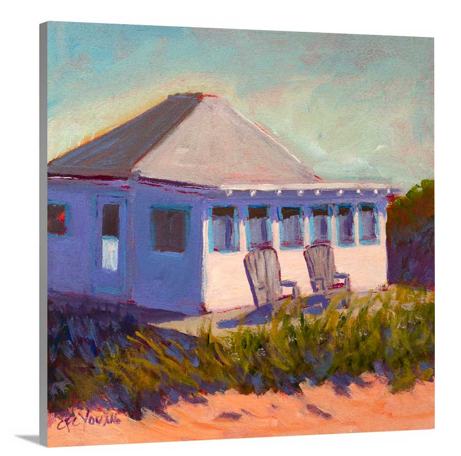 A side-angle view of a teal, lavender, beige and green contemporary cottage print with adirondack chairs on canvas.