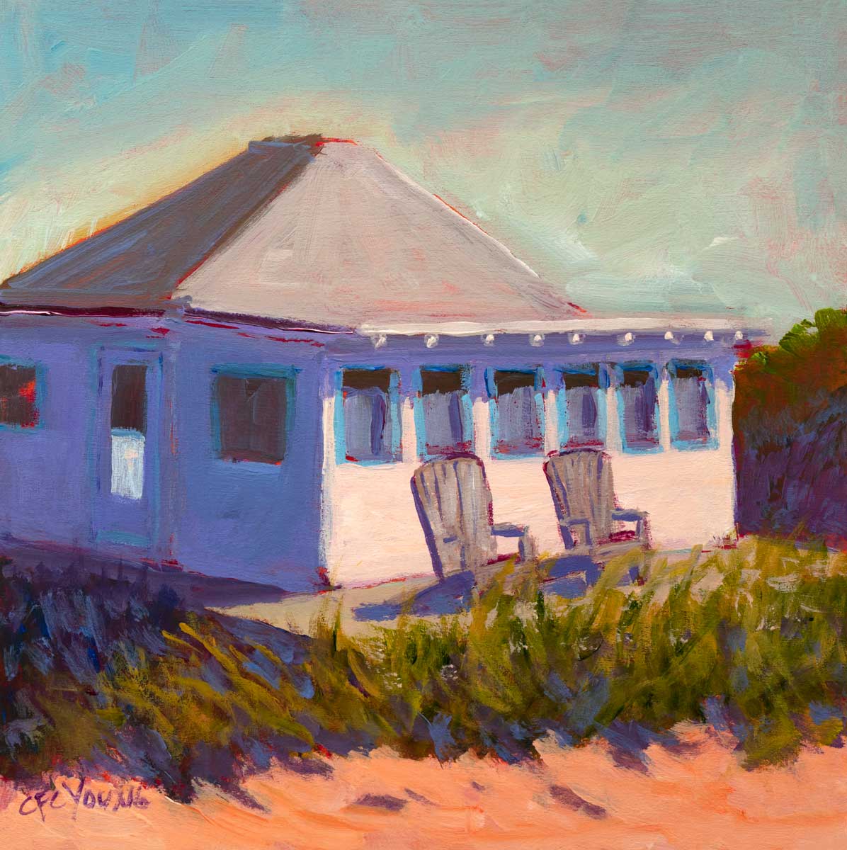 A teal, lavender, beige and green contemporary cottage print with adirondack chairs by Carol Young.