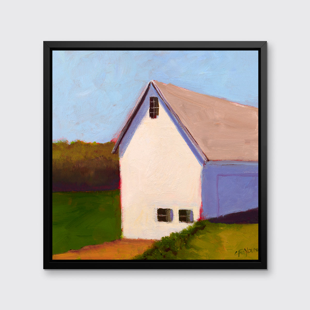 A blue, green, white and lavender contemporary barn print in a black floater frame hangs on a white wall.