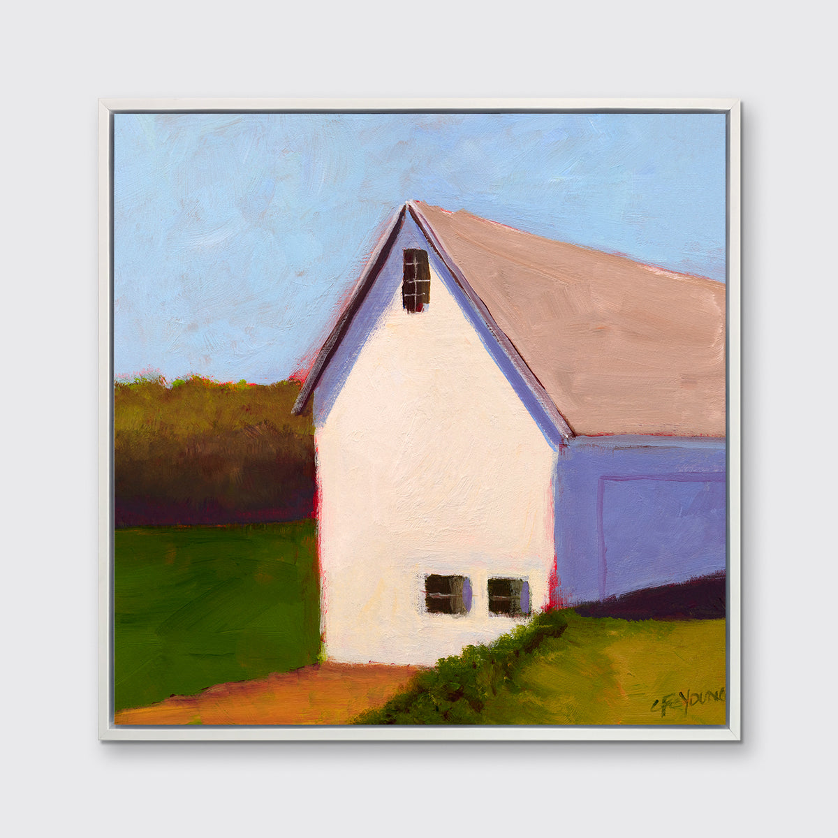 A blue, green, white and lavender contemporary barn print in a white floater frame hangs on a white wall.