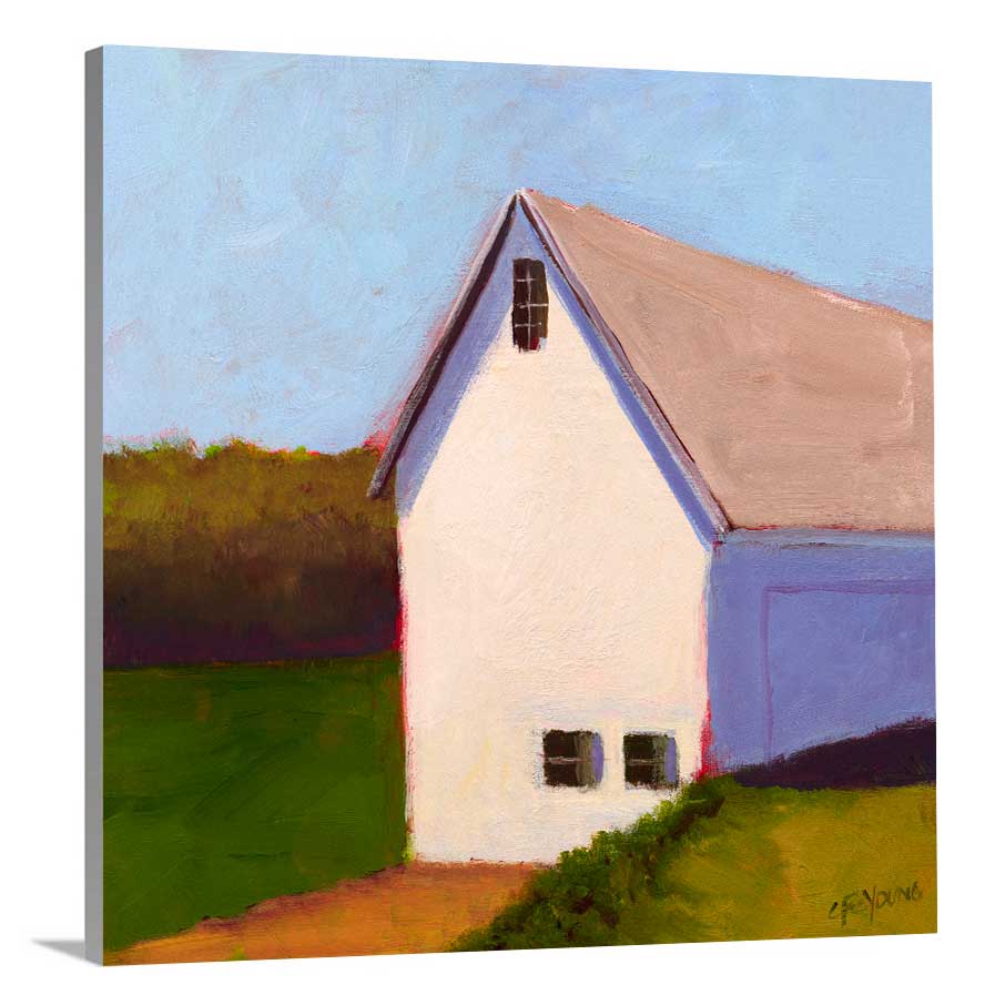 A side-angle view of a blue, green, white and lavender contemporary barn print on canvas.