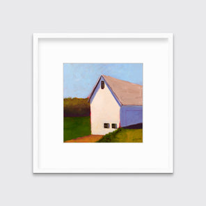 A blue, green, white and lavender contemporary barn print in a white frame with a mat hangs on a white wall.