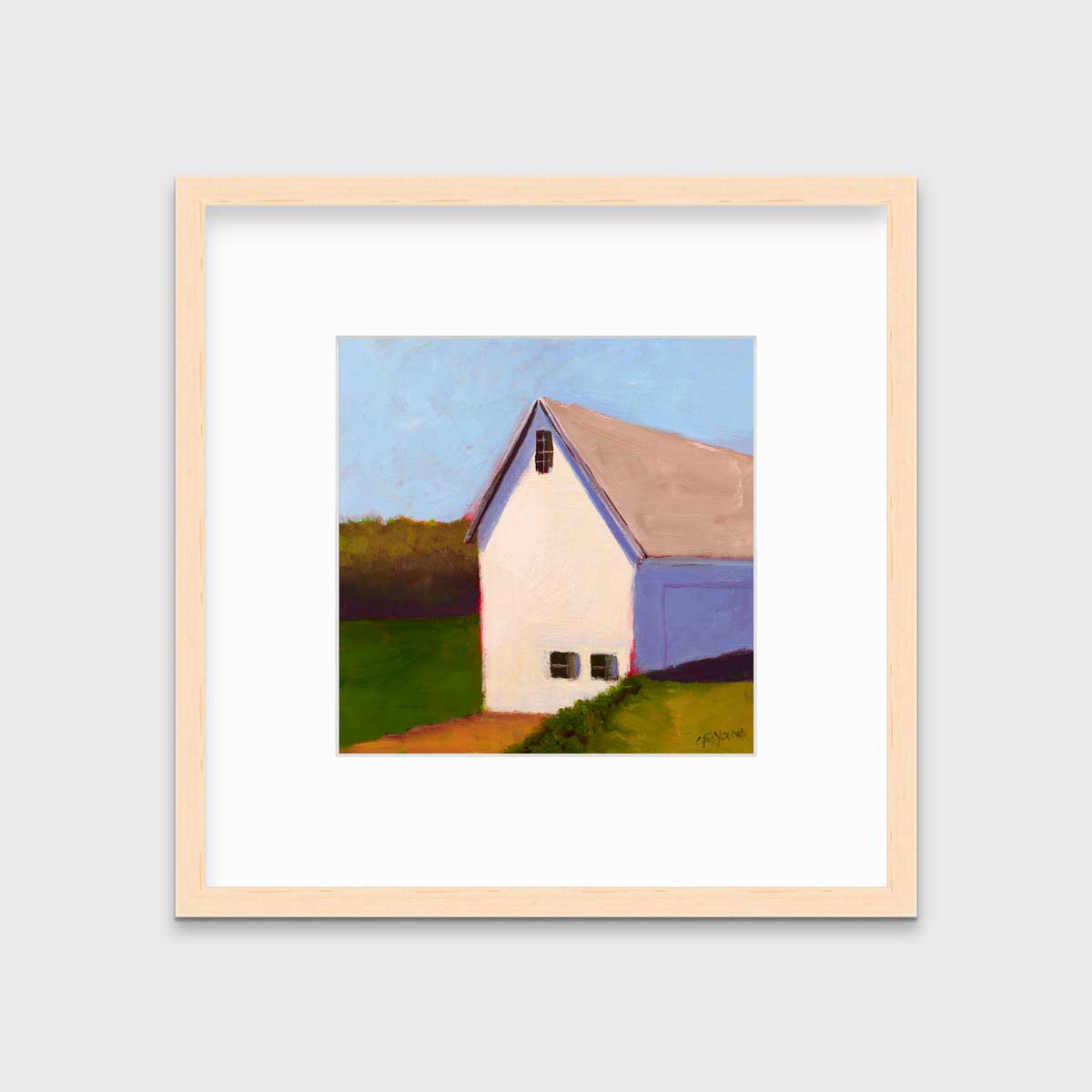 A blue, green, white and lavender contemporary barn print in a natural wood frame with a mat hangs on a white wall.