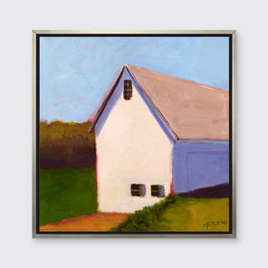 A blue, green, white and lavender contemporary barn print in a silver floater frame hangs on a white wall.