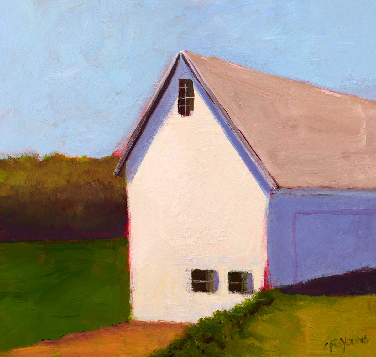 A blue, green, white and lavender contemporary barn print by Carol Young.