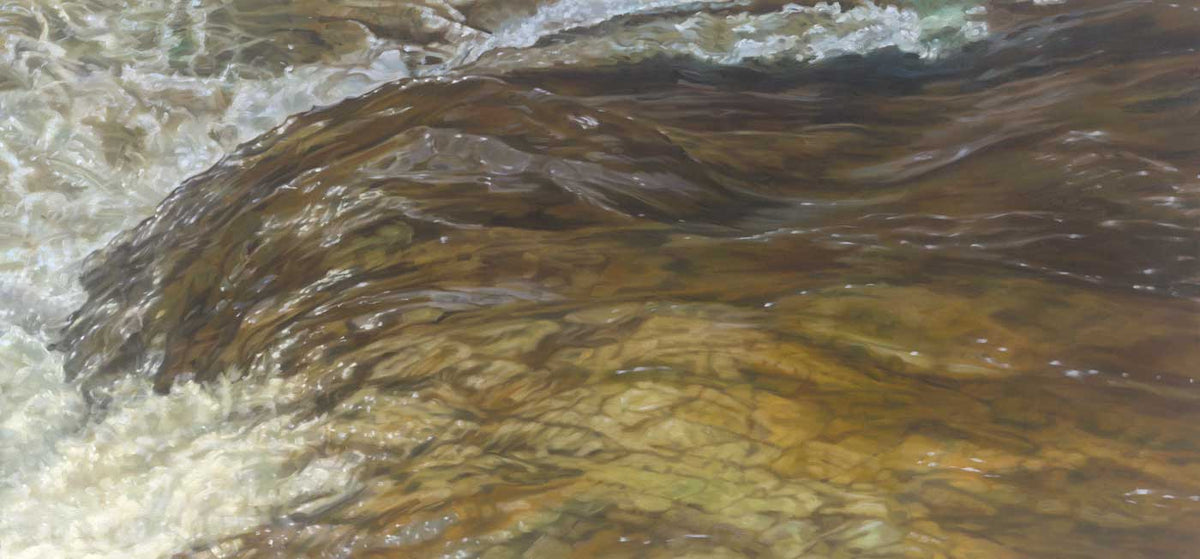 A print of water rolling over riverbed and crashing, making white splashes on the left-hand side.