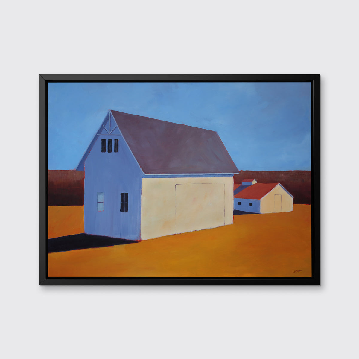 A blue, dark orange, beige and lavender contemporary barn print in a black floater frame hangs on a white wall.
