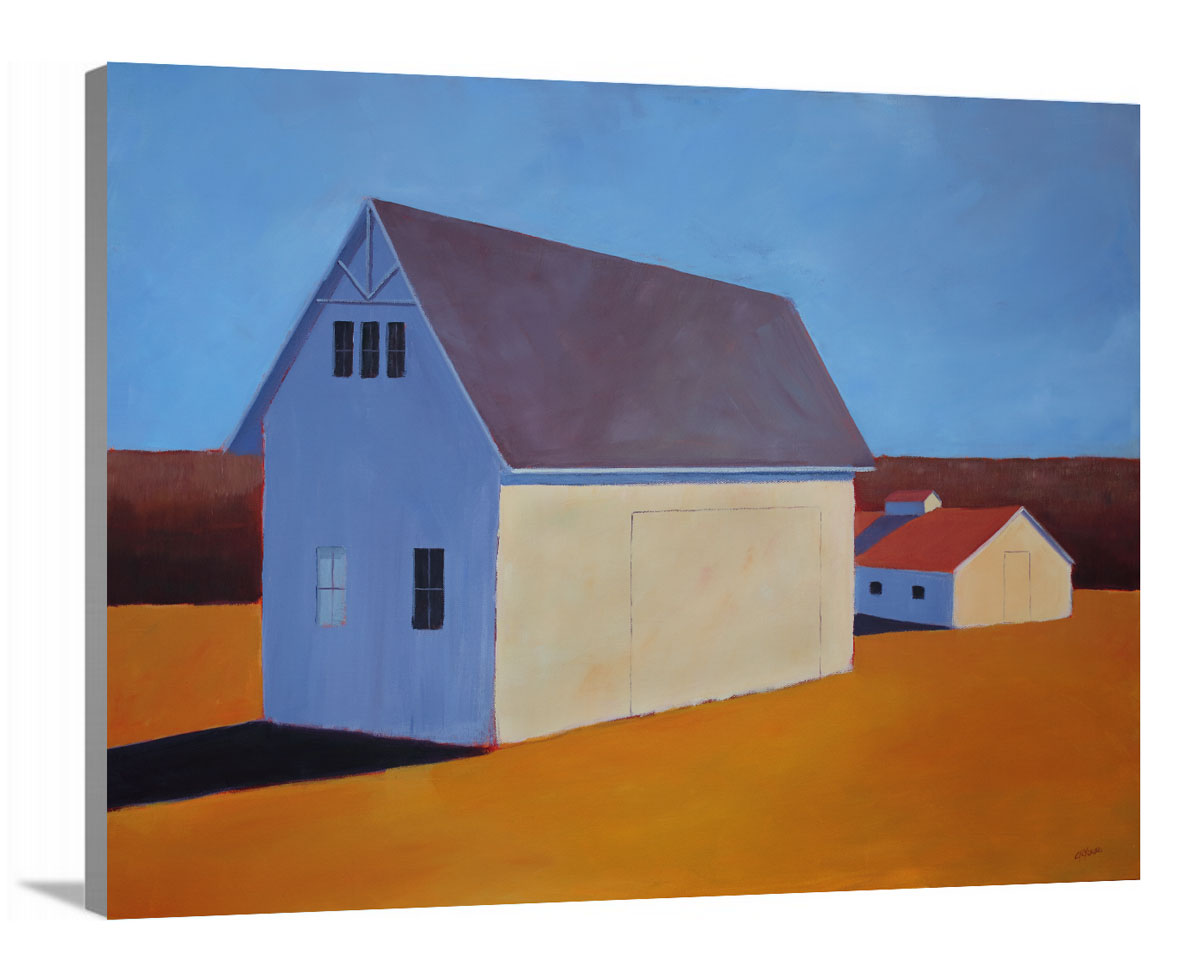A side-angle view of a blue and orange contemporary barn print on canvas.