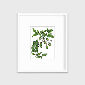 A green plant print in a white frame with a mat hangs on a white wall.