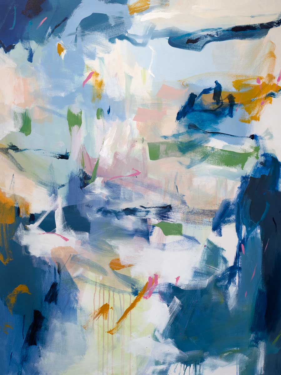 A blue abstract print with green and orange accents by Kelly Rossetti.