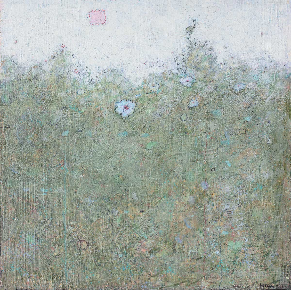 A green abstract landscape with blue flowers, a blue sky and multicolor accents.