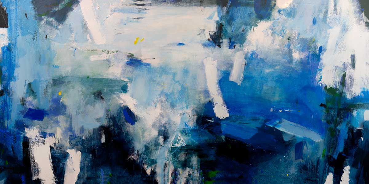 A blue and white abstract print with green and yellow accents.