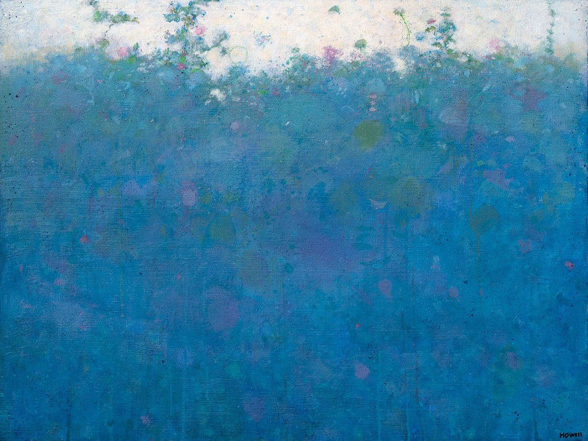 A blue, green, pink and white abstract landscape print by Elwood Howell.