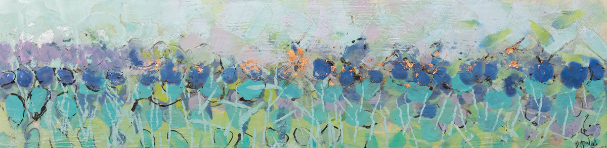 A wooden panel decorated in blue and cyan encaustic markings. Wired and ready to hang.