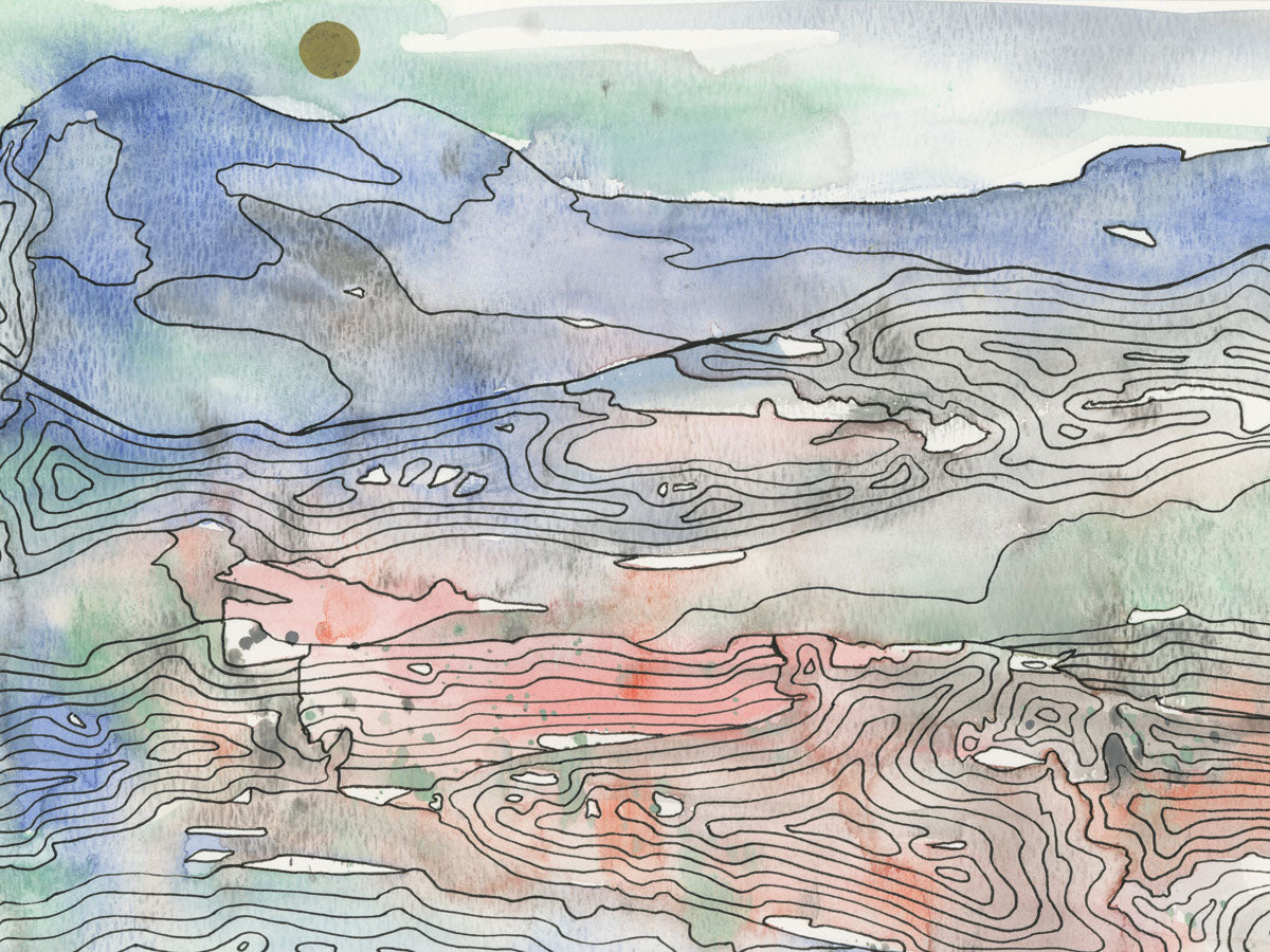 A blue, green and red abstract landscape print by Melissa Kircher.